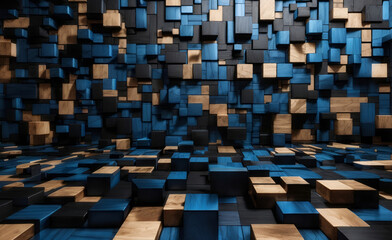 3d wallpaper of Abstract geometric dark blue and black metalic colors elegant concept wooden blocks - obrazy, fototapety, plakaty