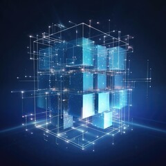 Big data cube made of glowing particles. Isometric bright box with reflection. From Chaos to order. Machine learning. Technology, digital database, network and blockchain connection.