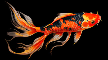 Japanese Koi Carp or pond fish, swimming around. Isolated on a black background. Artistic look.