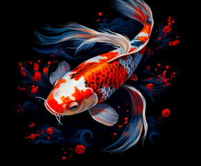 Japanese Koi Carp or pond fish, swimming around. Isolated on a black background. Artistic look.