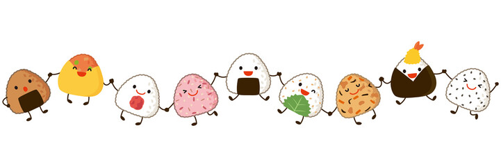おにぎりのキャラクター　手を繋いで並ぶ
