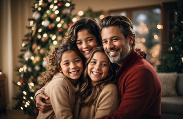 Obraz na płótnie Canvas happy family hugging with full smile in the living room when christmas and christmas tree background