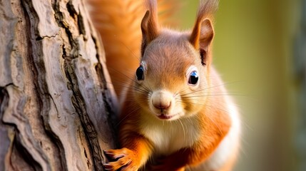 Red squirrel on tree with blurred forest, wood background. Closeup of sciurus vulgaris with paws, claws on bark. Cute animal in nature. - obrazy, fototapety, plakaty