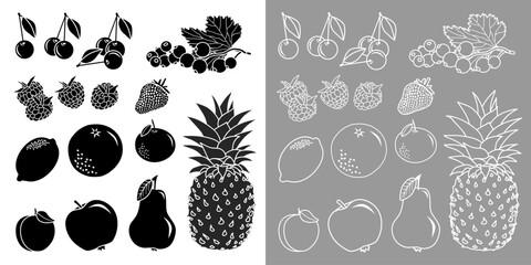 Collection de pictogrammes de divers fruits : cerise, groseille,framboise, fraise, citron, orange, mandarine, abricot, pomme, poire, ananas - 2 versions : silhouettes noires et contours blancs.