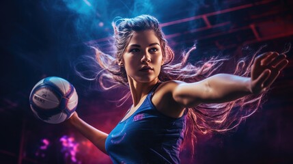 Dynamic image of a female volleyball player moving on a dark background with mixed neon lights.