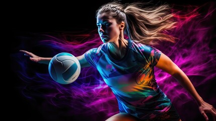 Dynamic image of a female volleyball player moving on a dark background with mixed neon lights.