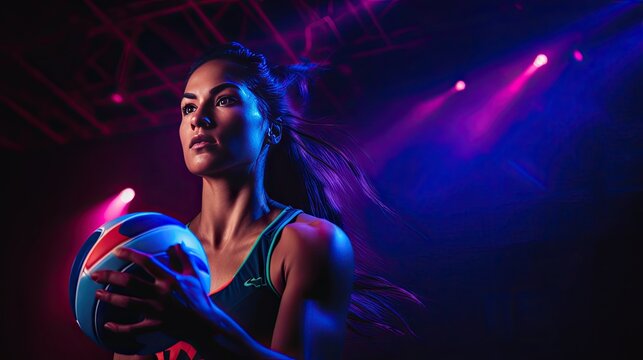 Dynamic image of a female volleyball player moving on a dark background with mixed neon lights.