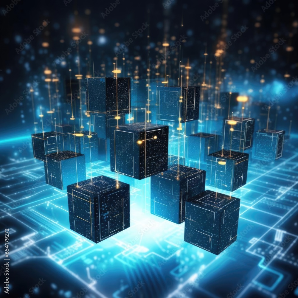 Poster abstract of a flying cube. sci fi shape in empty space. futuristic background.