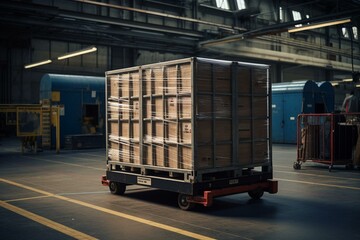 Box transporter in a warehouse. Generative AI