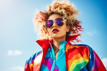 Woman in colorful 80s jacket. 90s vibes concept image