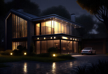 Fototapeta na wymiar Contemporary modern house by night. Architect's house. Modern house with large windows. Real estate. Real estate agency. Real estate agent