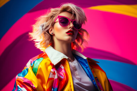 Woman in colorful 80s jacket. 90s vibes concept image