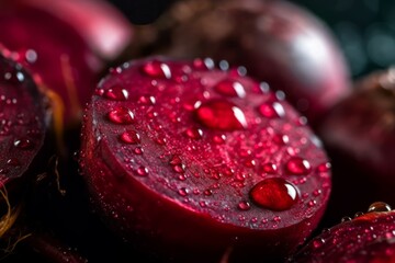 Beetroot half slice water drops. Raw food. Generate Ai