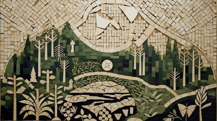Eco-Mosaic: An artwork composed of eco-friendly symbols forming a larger image, depicting the harmony achieved through responsible environmental practices