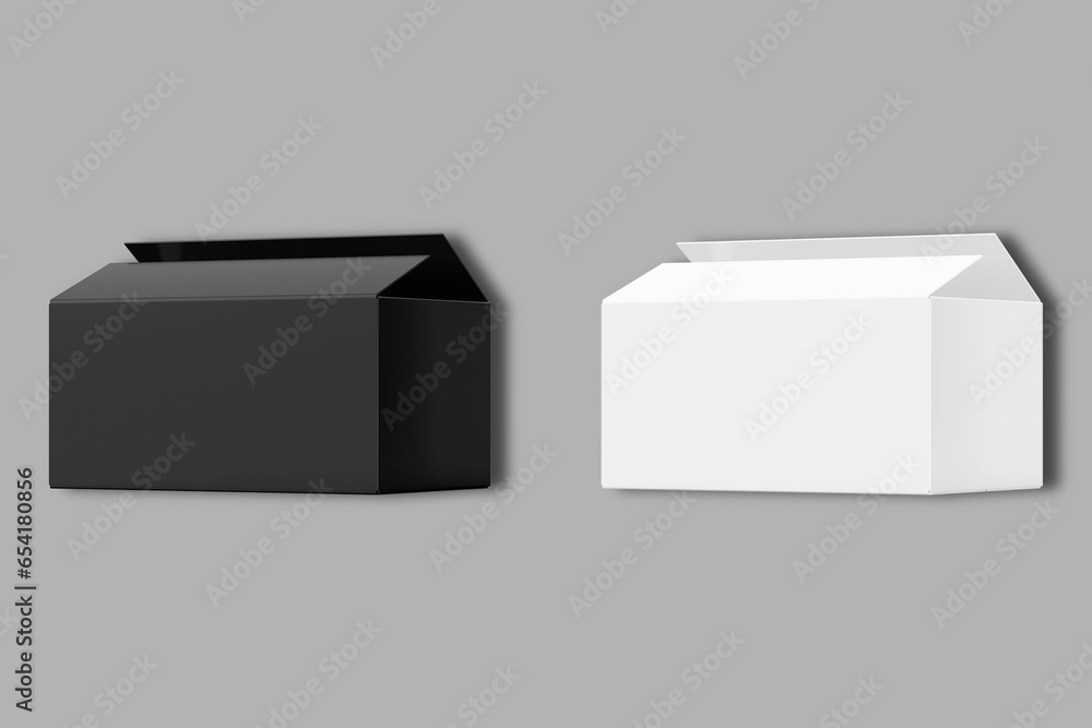 Poster empty blank black and white open shoe box packaging mockup isolated on a grey background. 3d renderi