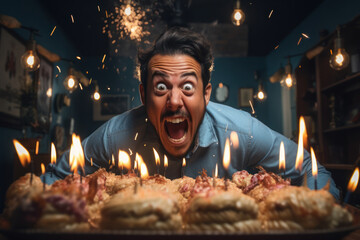 A person attempting to blow out birthday candles but creating a hilarious gust of wind instead. Concept of birthday mishaps. Generative Ai.