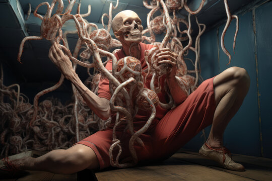 A person attempting a yoga pose that involves bending like a pretzel, but ending up in a tangle of limbs. Concept of flexibility gone wrong. Generative Ai.