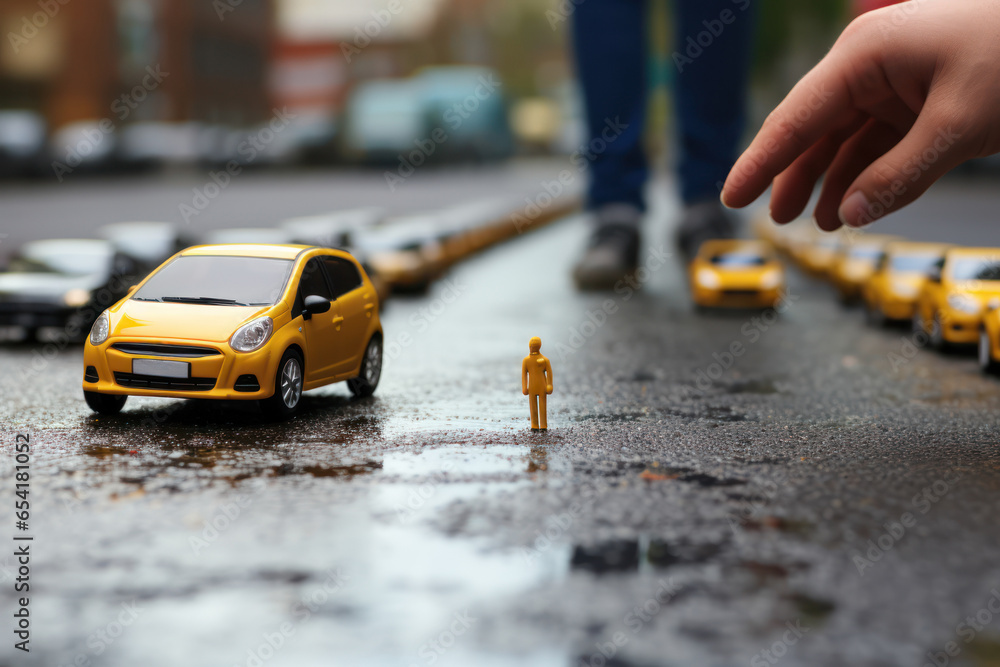 Poster a person attempting to parallel park a tiny car in a large parking space, comically overestimating t