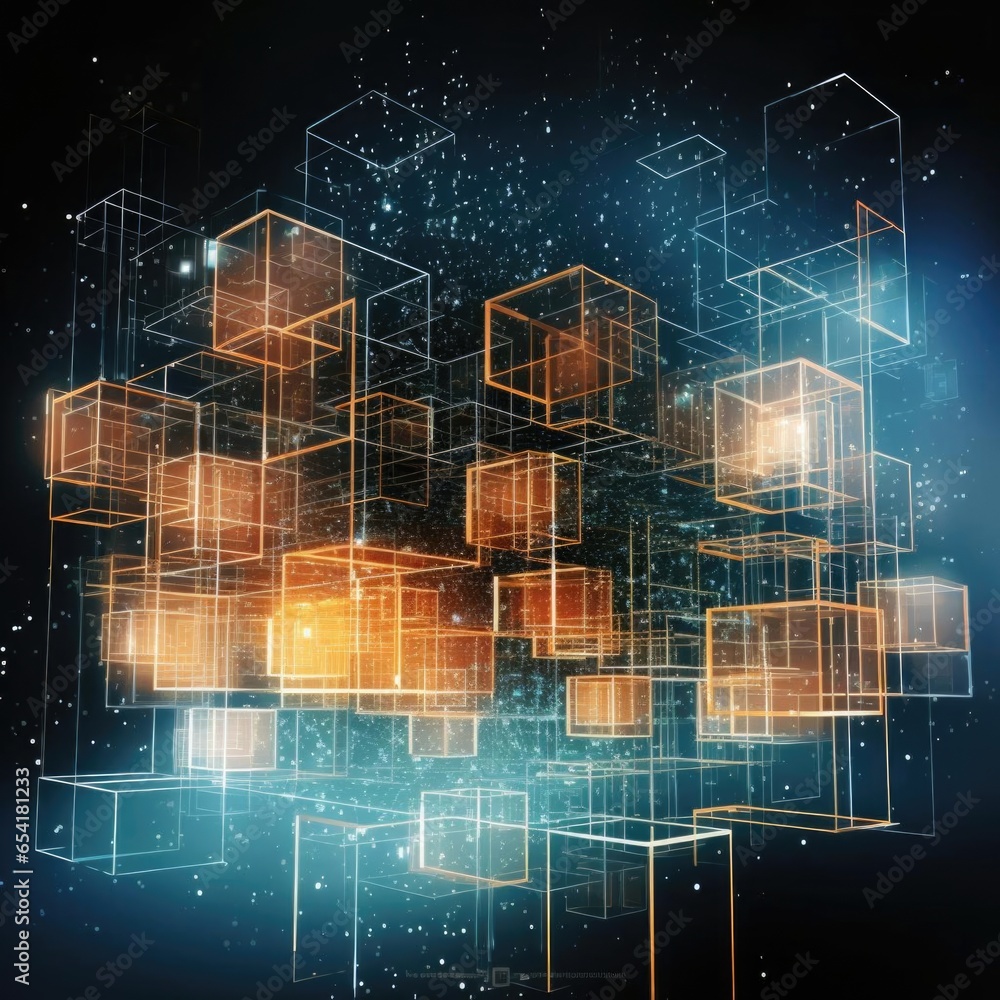 Poster abstract of a flying cube. sci fi shape in empty space. futuristic background.