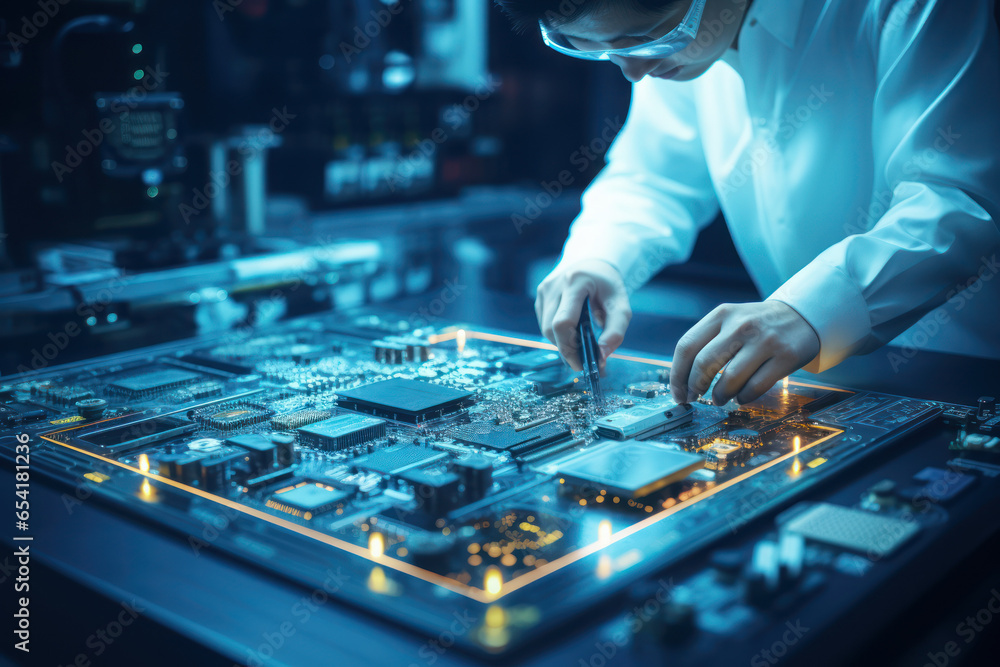 Poster a technician in a lab coat carefully examining a high-tech circuit board. concept of technological i