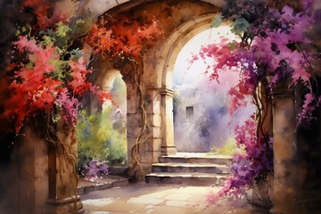 Vivid flowers flow down aged archway in burgundy watercolors. Generative AI