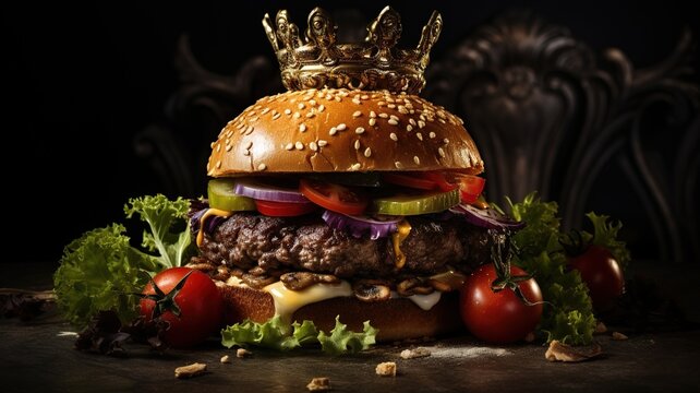 fresh delicious juicy burger on a dark background with a crown on top. king burger. AI.