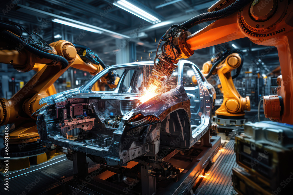 Poster a bustling automotive assembly line with robots and workers assembling cars with precision. concept 