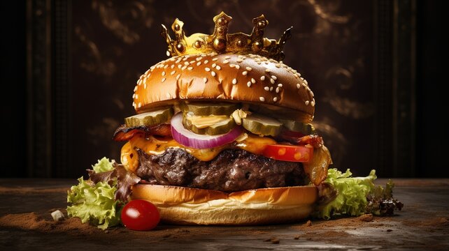 fresh delicious juicy burger on a dark background with a crown on top. king burger. AI.