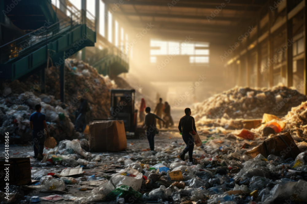 Poster a bustling recycling center with workers sorting and processing recyclable materials. concept of env