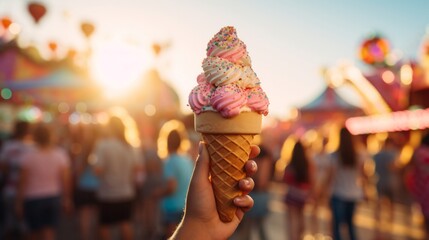 Sunset Ice Cream Cone at Summer Fair.
Hand holding a soft-serve ice cream cone against a blurred fairground at sunset. - obrazy, fototapety, plakaty