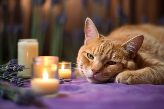 cat lying next to a lit lavender candle