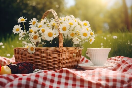 Photo of Picnic set with flowers in the garden countryside.