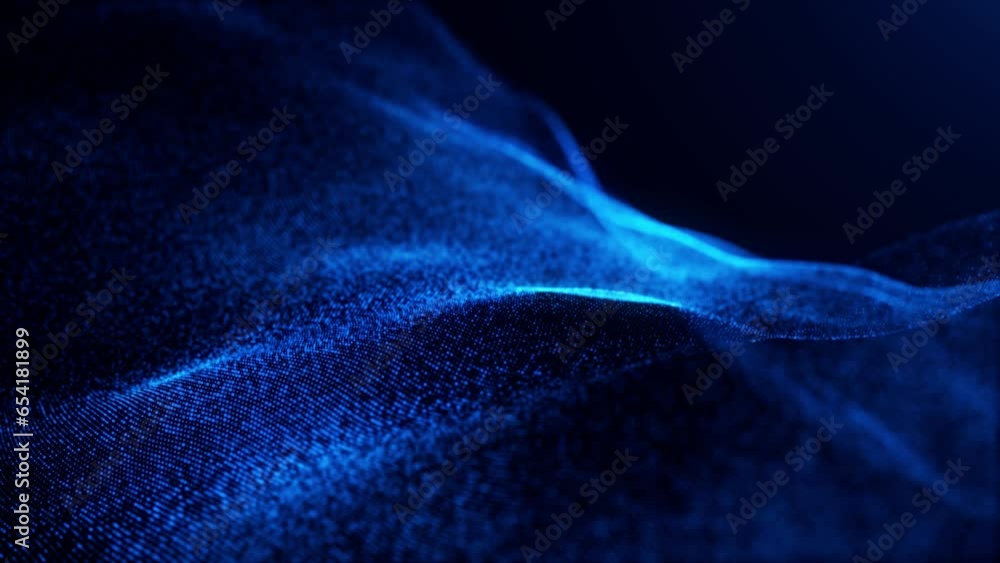 Poster digital waves of glowing particles and dots, abstract tech futuristic background with wave data flow