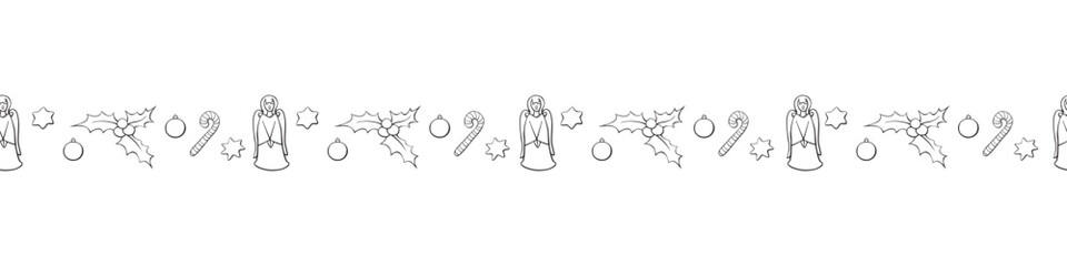 Obraz premium Edging, ribbon, border of contour festive Christmas symbols in doodle style. Vector seamless pattern, ornament, decorative element, decoration for New Year, xmas design