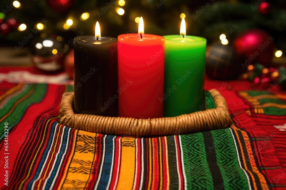 Poster colorful kwanzaa candles on a woven mat