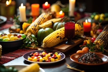 a kwanzaa table setup with vibrant colored fruits, candles, and corn