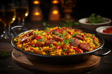 A plate of paella, a Spanish rice dish cooked with saffron, seafood, and chorizo. Concept of...