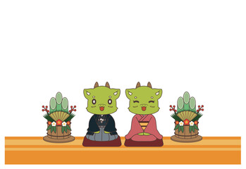 正座をする龍のキャラクターの2024年の年賀状素材