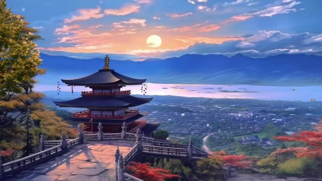 Japanese architecture building with beautiful sky and village nature view video time lapse looping
