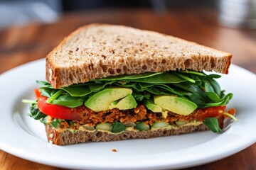 a vegan sandwich with lettuce, tomatoes, and cucumber on a white plate