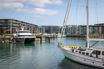Fototapeta na wymiar Viaduct harbour apartments, restaurants and eateries, Auckland, New Zealand