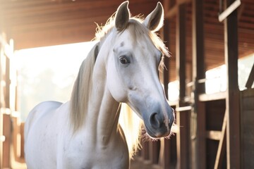 a blue-eyed white horse in a bright barn