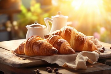 Closeup of breakfast croissant in rustic composition with sunny morning light. Generative AI