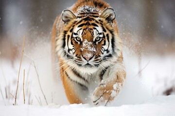 Captive Siberian tiger running in heavy snowfall meadow, Moravia, Czech Republic, Europe. Generative AI