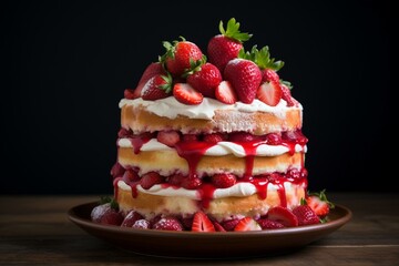 Strawberry-topped cake made with advanced techniques. Generative AI