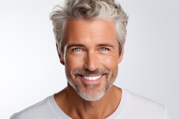 Closeup Portrait Captures The Captivating Smile Of Mature Man With Impeccable Teeth, Making Him Ideal Choice For Dental Advertisement, With Stylish Hair And Strong Jawlin - obrazy, fototapety, plakaty
