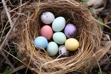 Naklejka na ściany i meble nest filled with colorful bird eggs