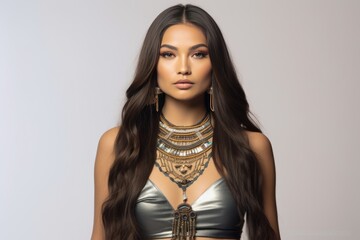 Cherokee Tribe Model With Traditional Makeup And Jewelry, Long Hair White Studio Backdrop