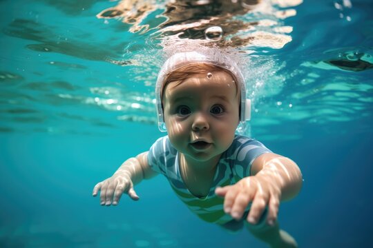 Baby Learning To Swim And Dive Underwater For Fitness In Pool