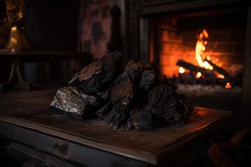 close-up image of a coal piece beside a fireplace